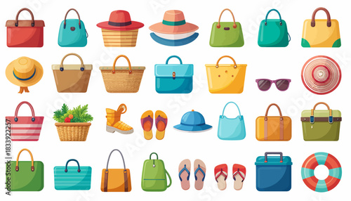A vibrant collection of summer accessories including various bags, hats, sandals, and sunglasses, perfect for beach and vacation themes.