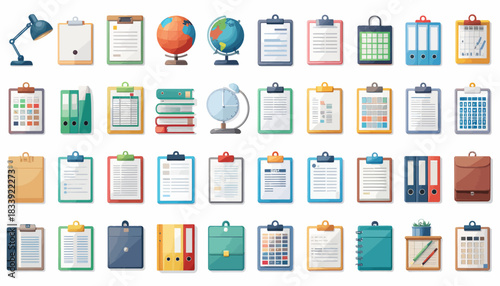 A comprehensive collection of various office and school supplies, including clipboards, binders, globes, lamps, and calendars, arranged neatly.