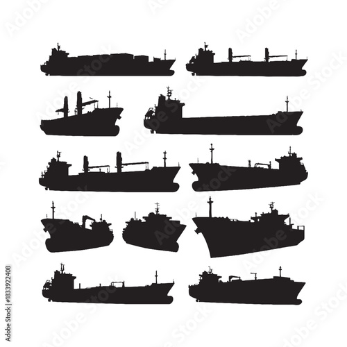 Cargo Ships Silhouettes Collection, Cargo Ship Silhouette, Marine Vessel Vector, Shipping Illustration