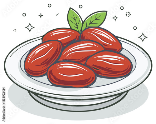 Illustrative plate of plump red dates with green leaves and sparkling celebratory elements