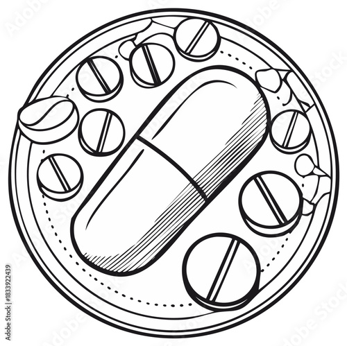 Medical capsule and multiple pills in a circular tray black and white line art illustration