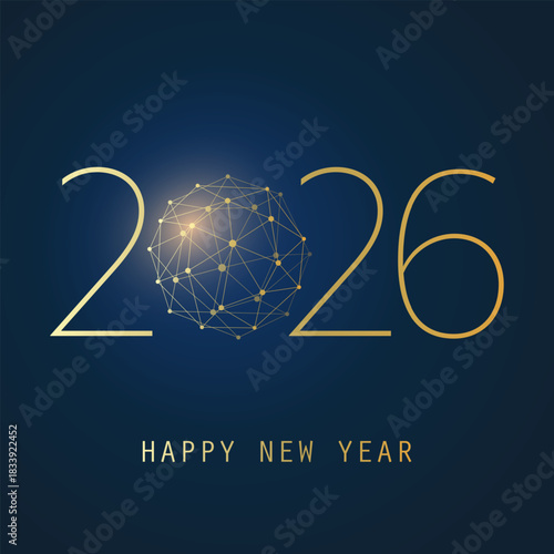Golden and Dark Blue Modern Style Happy New Year Greeting Card, Creative Vector Design Template with Polygonal Globe on Glittering Background - 2026