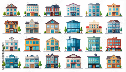A collection of diverse cartoon-style buildings, featuring various architectural designs and colors, arranged in a grid format.
