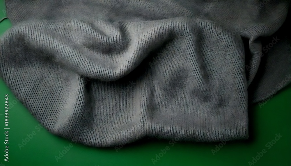 Fototapeta premium Close-up of a folded gray knitted fabric on green surface.