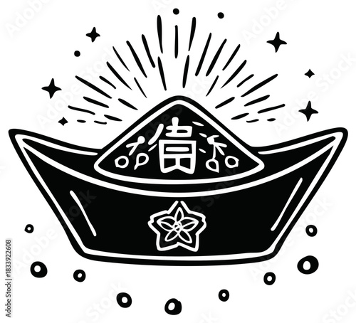 Traditional Chinese gold ingot illustration symbolizing wealth and prosperity with radiant light and stars