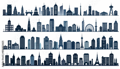 Collection of diverse city skyline silhouettes featuring various architectural styles and famous landmarks from around the world.