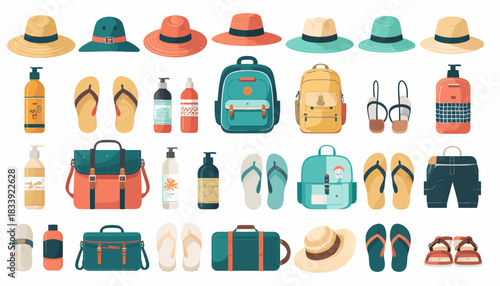 A comprehensive collection of summer travel essentials including hats, flip-flops, bags, and sun protection lotions, all depicted in a flat illustration style.