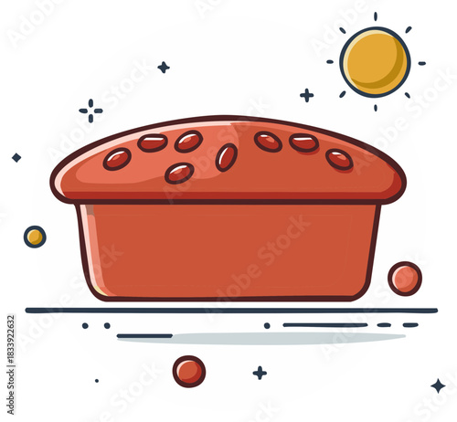 Stylized illustration of a red bean bread loaf with a sunny sky and scattered dots