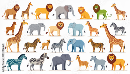 A collection of various cartoon safari animals including lions, elephants, giraffes, and zebras, arranged in multiple rows on a white background.