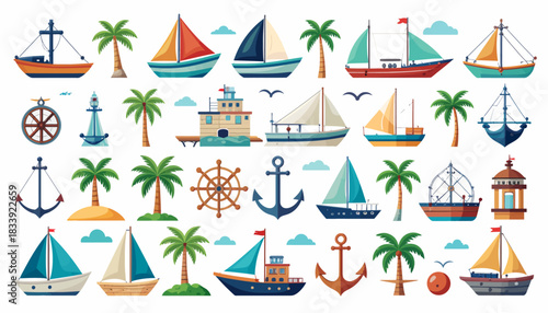 A vibrant collection of nautical and tropical elements including various boats, palm trees, anchors, and lighthouses, set against a white background.