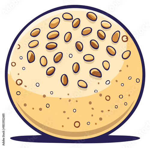 Cartoon illustration of a delicious round baked good generously topped with sesame seeds