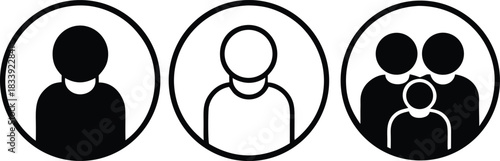 Three stylized group icons showing three people in solid black and outline versions