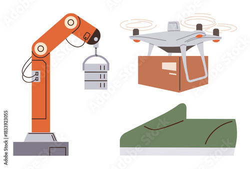 Robotic arm lifting objects, quadcopter carrying parcel in flight, and eco-friendly shoe representing technology, automation, delivery services, robotics, sustainability, future innovation