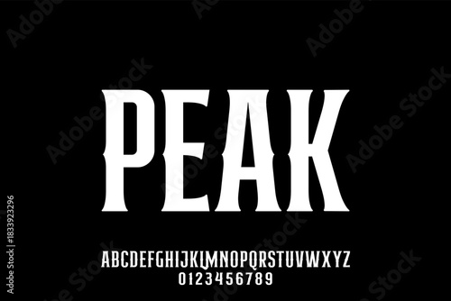 Peak font design with uppercase letters and numbers on black background.