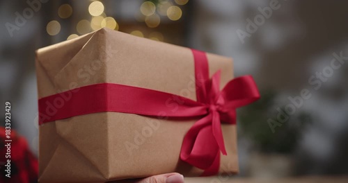 A beautifully wrapped present with a red ribbon is ready to be given to someone special. A person presents a wrapped gift with a red ribbon in front of a Christmas tree
