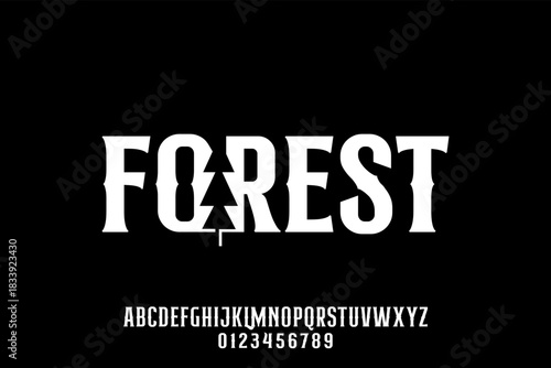 Forest typography with tree symbol bold and nature-inspired design uppercase letters and numbers.