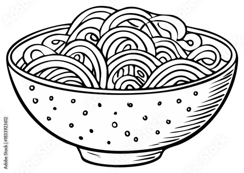 Simple Line Drawing of a Bowl Filled with Swirled Noodles