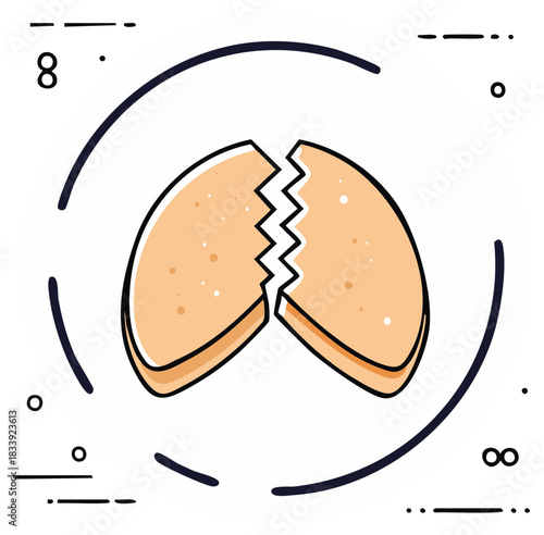 Cracked Open Fortune Cookie with Abstract Design Elements