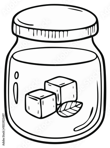 Cartoon style doodle of a glass jar holding two ice cubes and a refreshing mint leaf illustration