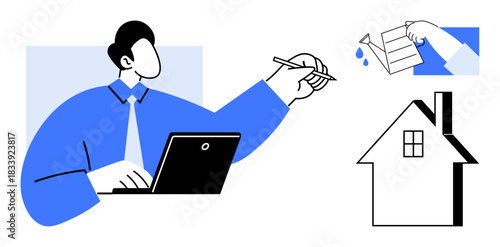 Real estate, financial agreements, home ownership, online business, professional work, management. Person at laptop, hand holding document and house. Real estate and financial agreements concept