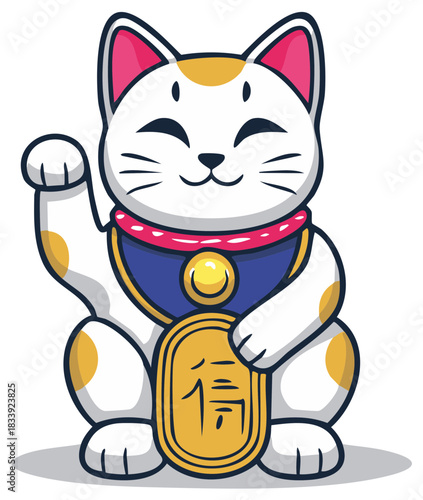 Cheerful Japanese Maneki Neko lucky cat illustration with raised paw holding a traditional golden coin