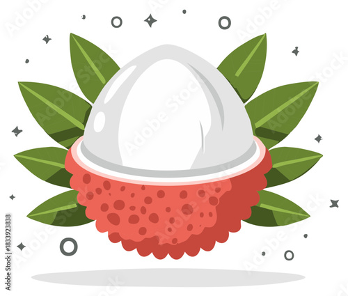 Vibrant lychee fruit illustration with succulent white flesh and spiky red skin, surrounded by fresh green leaves.
