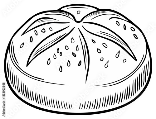 Hand-drawn illustration of a round bread roll with scoring and sesame seeds