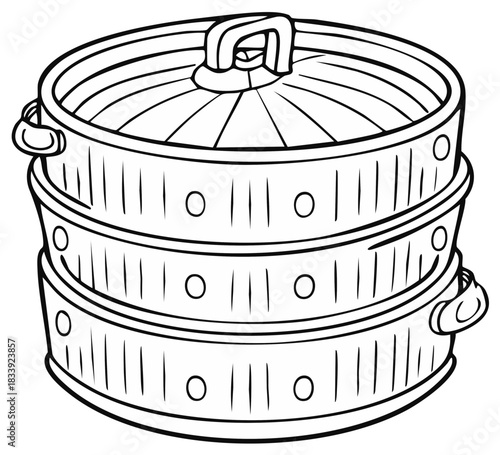Black and white line art of a multi tiered food steamer for Asian cuisine coloring book page