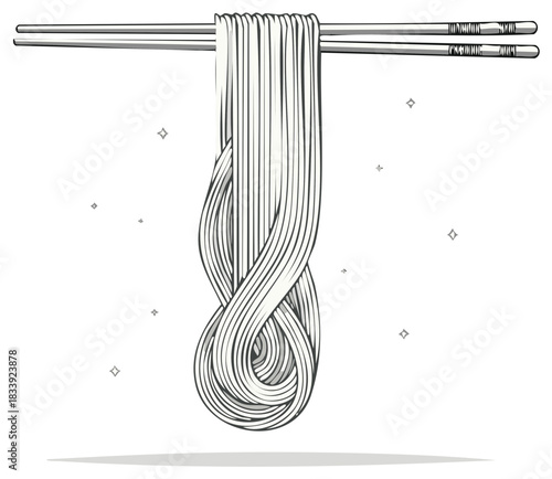 Chopsticks holding a stylized swirl of Asian noodles line art illustration