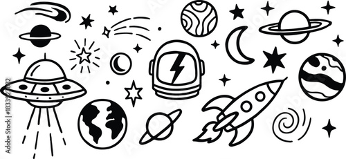 line art  Astronaut in space Spaceship, roket and stars black and white vector