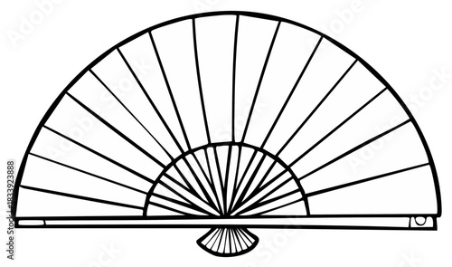 Simple black and white line art illustration of a traditional open folding hand fan