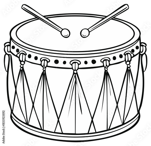 Line Art Drum and Drumsticks Illustration for Festive Music Graphic, Black and White Vector