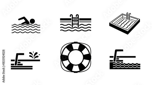 A collection of swimming pool themed black and white vector icons showcasing swimming pool