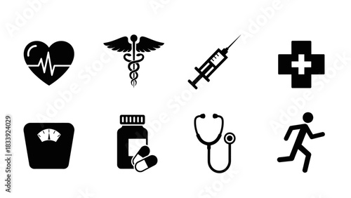 A Comprehensive Black and White Vector Illustration of Essential Medical and Wellness Symbols
