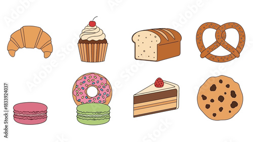 A delightful array of cartoon pastries, including croissant, cupcake, donuts, and cookies on white