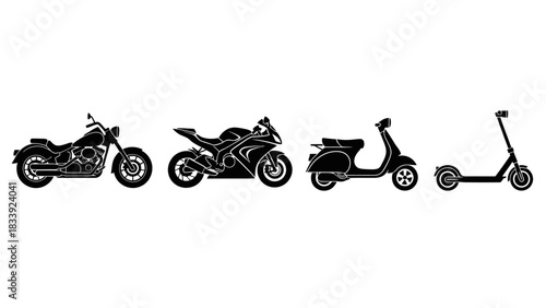 A comparative view showcasing a chopper, sportbike, moped and e scooter silhouette