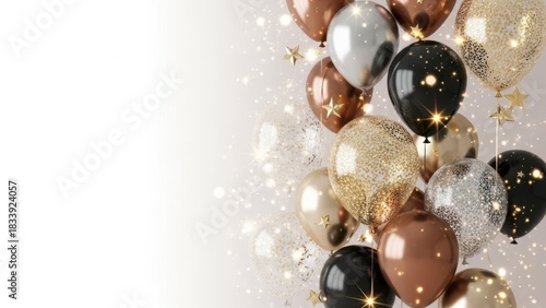 Wallpaper Mural A Festive Gathering of Balloons: A cluster of elegant balloons in gold, silver, and black, adorned with sparkles and stars, creates a celebratory atmosphere, perfect for any special event.  Torontodigital.ca