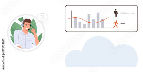 Customer service professional with headset engaging while reviewing analytics on dashboard. Ideal for communication, data insight, customer care, teamwork, business strategy, remote work, simple flat
