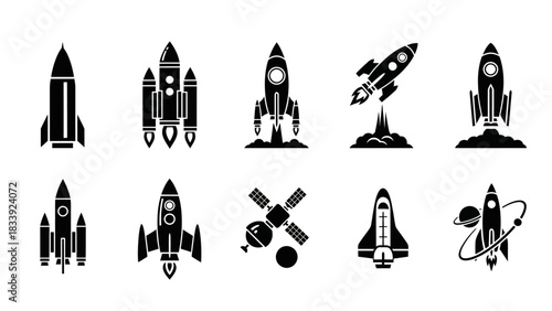 A dynamic collection of minimalistic rocket and satellite icons illustrating space exploration