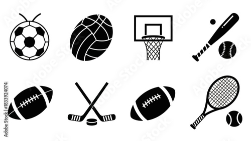 A diverse selection of sports equipment icons representing various athletic activities and games