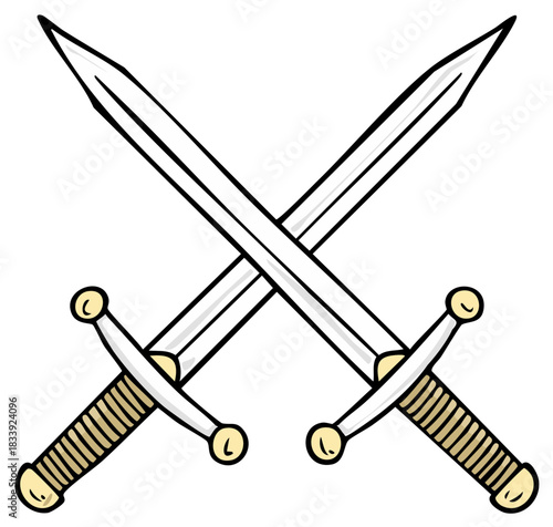 Cartoon crossed swords with shiny blades and wrapped hilts symbolizing conflict and ancient combat
