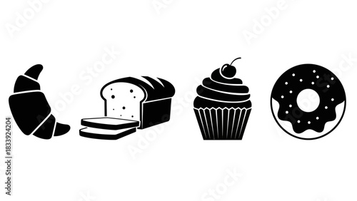 Black and White Bakery Assortment Featuring Croissant, Bread, Cupcake and Donut