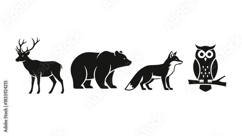 Black and white forest animals illustration representing wildlife and natural habitat, suitable