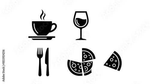 Black and white food icons depicting a coffee, wine, pizza and cutlery set  for restaurant menus
