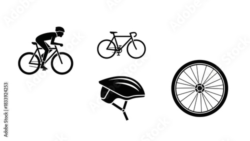 Black and white illustration showcasing cyclist, bicycle, helmet and wheel elements for sporting