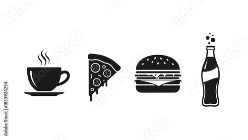Black and White Icon Set Featuring Fast Food Items: Coffee, Pizza, Burger and Drink