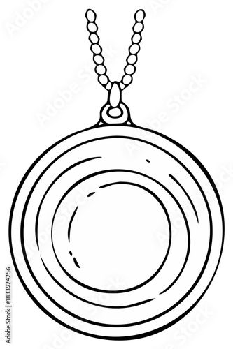 Elegant black and white outline drawing of a classic round pendant charm on a delicate beaded chain jewelry accessory illustration