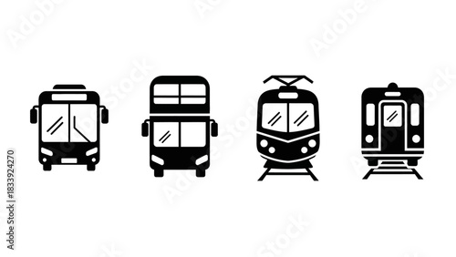 Black and white illustration showcasing different types of public transport vehicles