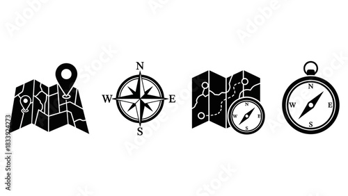 Black and white line art illustrations of maps and compasses symbols for navigation