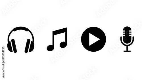 Black and white minimalist music icon set including headphones music note play button and microphone